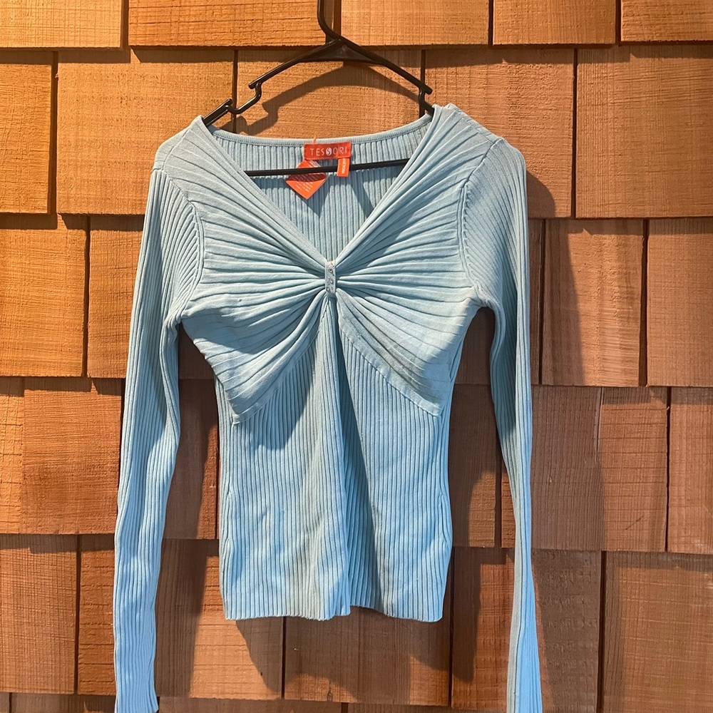 Les Copains Sky Blue Ribbed Long Sleeve Top